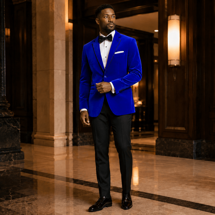 Men's Royal Blue Velvet Regular Fit Sport Coat with Black Trim - Upscale Men's Fashion