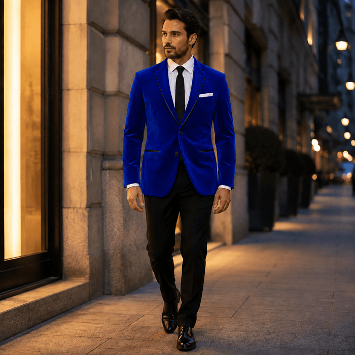 Men's Royal Blue Velvet Regular Fit Sport Coat with Black Trim - Upscale Men's Fashion
