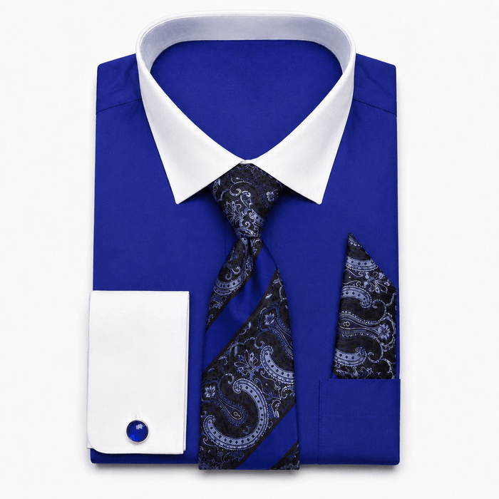 Men's Royal Blue White Collar French Cuff Dress Shirt Set - Upscale Men's Fashion
