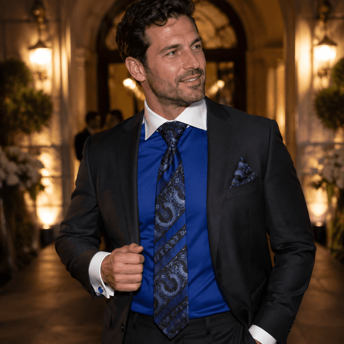 Men's Royal Blue White Collar French Cuff Dress Shirt Set - Upscale Men's Fashion