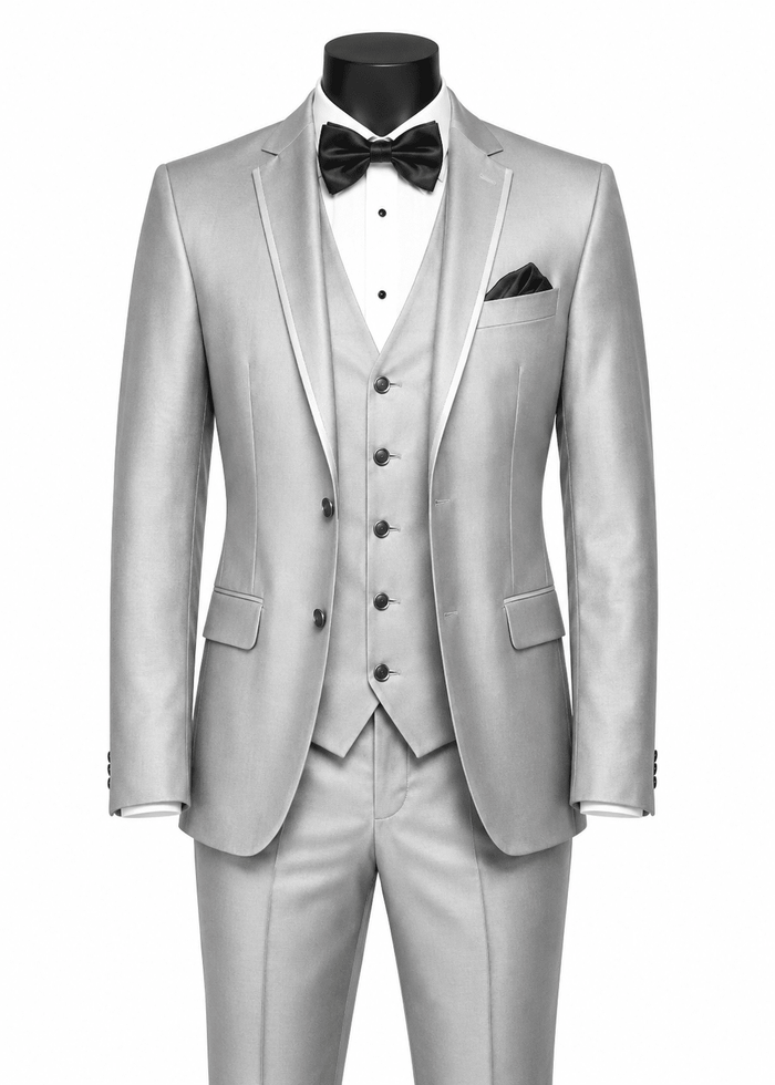 Men’s Silver Slim Fit 3-Piece Satin-Look Suit with Vest – Valdoro Collection - Upscale Men's Fashion
