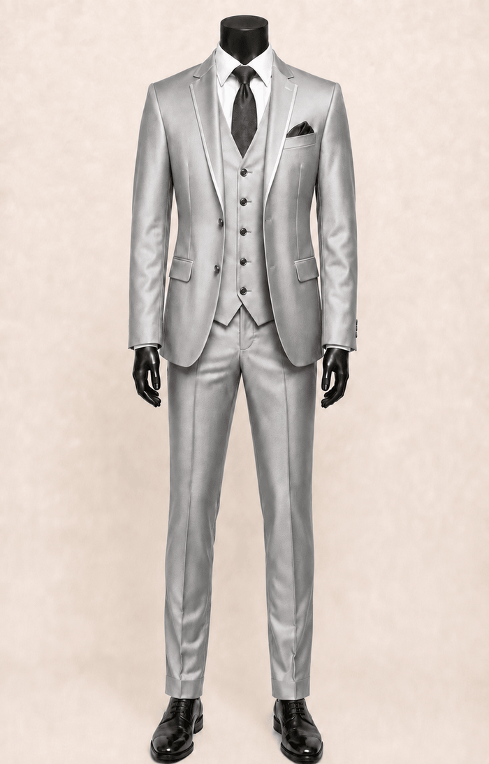 Men’s Silver Slim Fit 3-Piece Satin-Look Suit with Vest – Valdoro Collection - Upscale Men's Fashion