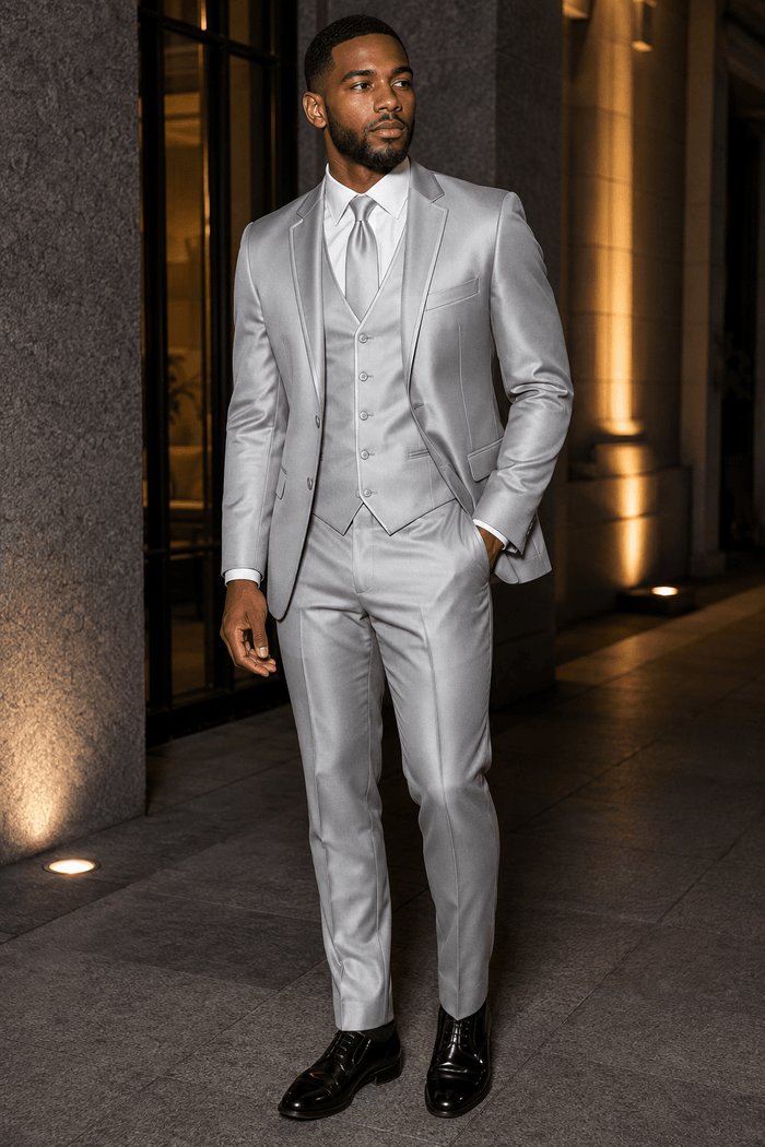 Men’s Silver Slim Fit 3-Piece Satin-Look Suit with Vest – Valdoro Collection - Upscale Men's Fashion