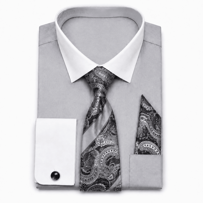Men's Silver White Collar French Cuff Dress Shirt Set - Upscale Men's Fashion