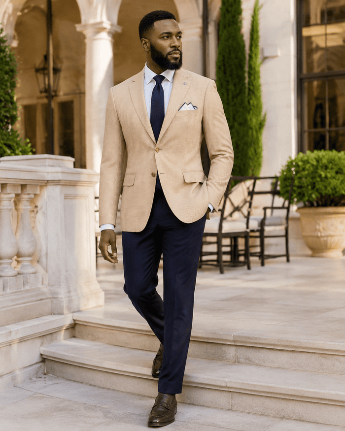 Men's Tan Houndstooth Modern Fit 2-Button Blazer - Upscale Men's Fashion