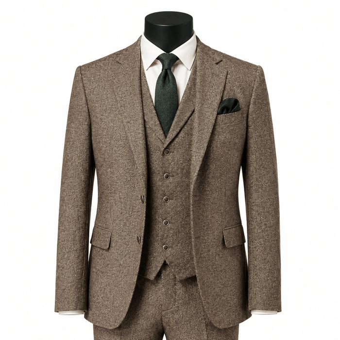 Men's Tan Hybrid Fit 3-Piece Tweed Suit | Alveron Collection - Upscale Men's Fashion