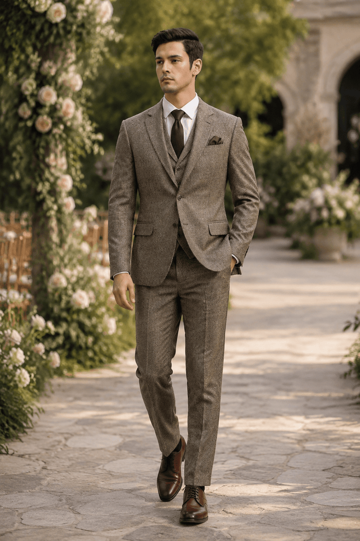Men's Tan Hybrid Fit 3-Piece Tweed Suit | Alveron Collection - Upscale Men's Fashion