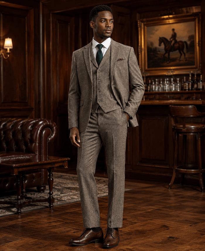Men's Tan Hybrid Fit 3-Piece Tweed Suit | Alveron Collection - Upscale Men's Fashion