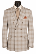 Men's Tan Windowpane Double-Breasted Blazer - Upscale Men's Fashion