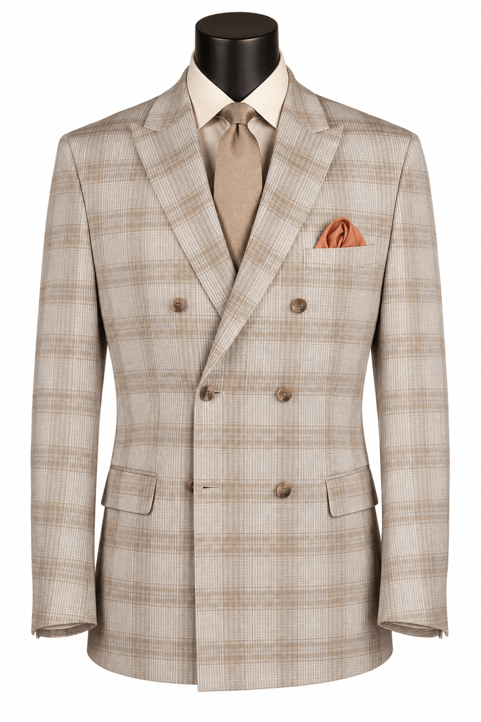 Men's Tan Windowpane Double-Breasted Blazer - Upscale Men's Fashion
