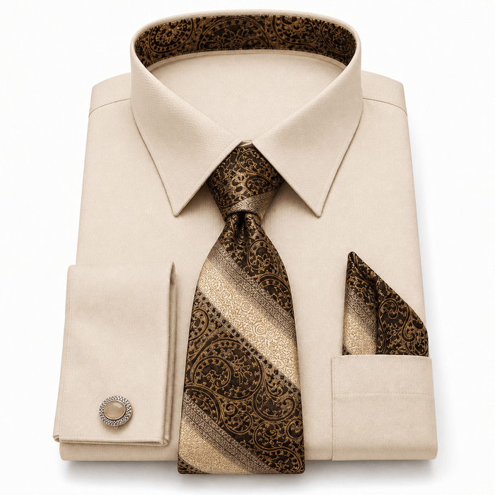 Men's Textured Jacquard Collar & Cuff Dress Shirt Set, Beige - Upscale Men's Fashion