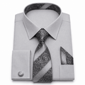 Men's Textured Jacquard Collar & Cuff Dress Shirt Set, Gray - Upscale Men's Fashion