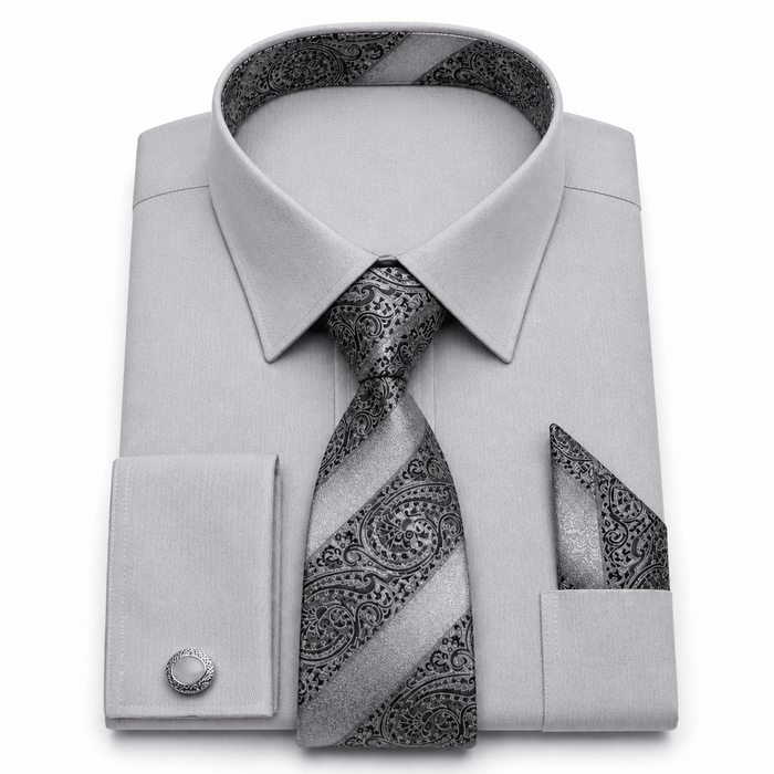 Men's Textured Jacquard Collar & Cuff Dress Shirt Set, Gray - Upscale Men's Fashion