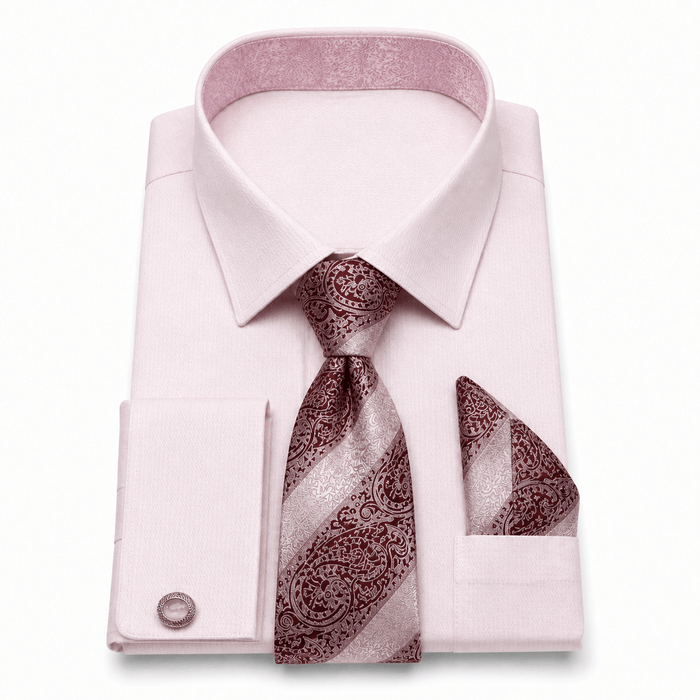 Men's Textured Jacquard Collar & Cuff Dress Shirt Set, Pink - Upscale Men's Fashion