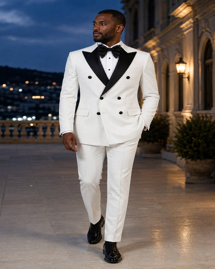 Men's White Modern Fit Double-Breasted 2-Piece Tuxedo – Castello Collection - Upscale Men's Fashion