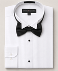Men's White Pleated Wing Collar Tuxedo Shirt – Regular Fit Convertible Cuff - Upscale Men's Fashion