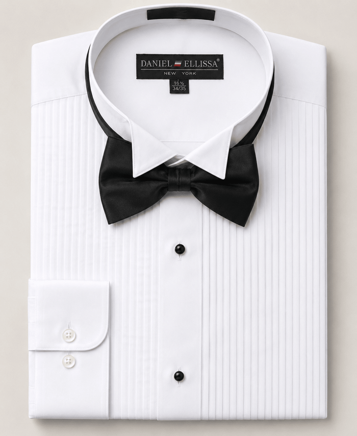 Men's White Pleated Wing Collar Tuxedo Shirt – Regular Fit Convertible Cuff - Upscale Men's Fashion