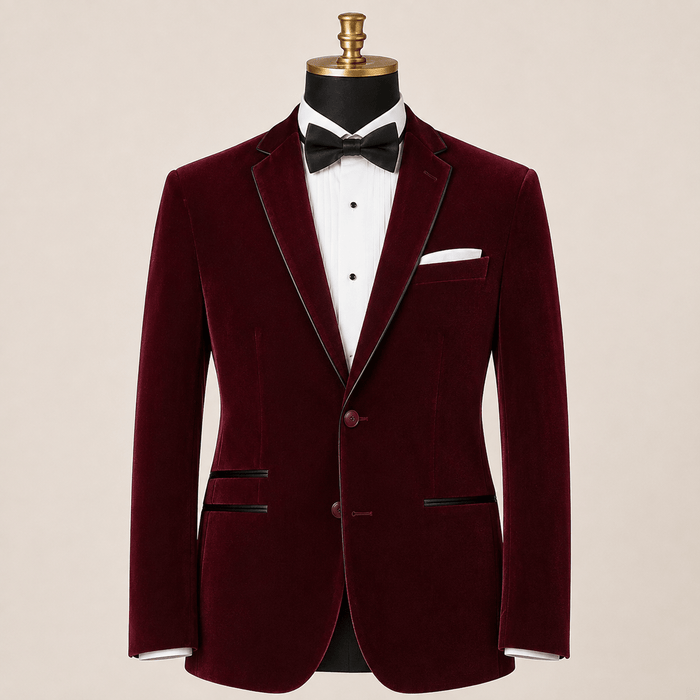 Men's Wine Velvet Regular Fit Sport Coat with Black Trim - Upscale Men's Fashion