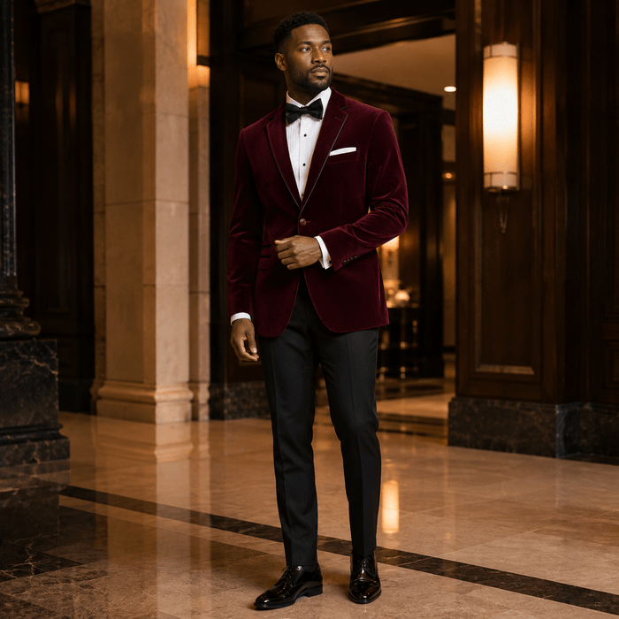 Men's Wine Velvet Regular Fit Sport Coat with Black Trim - Upscale Men's Fashion