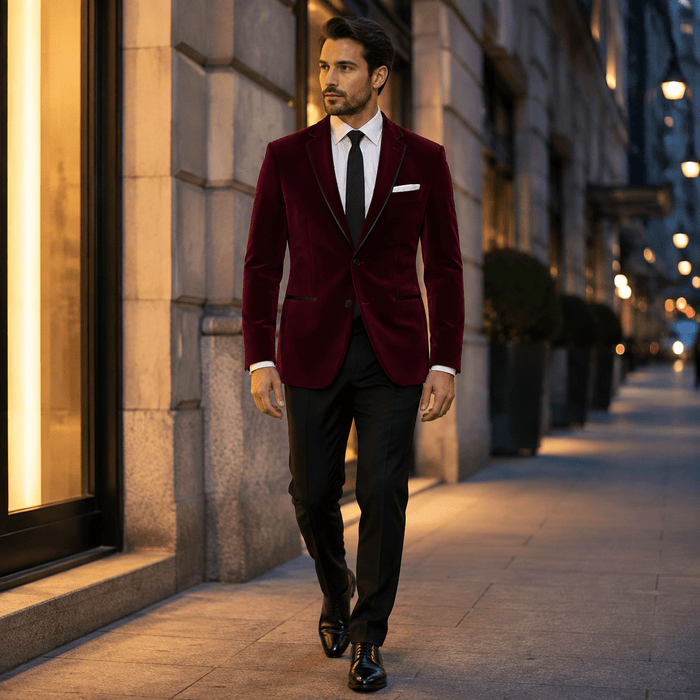 Men's Wine Velvet Regular Fit Sport Coat with Black Trim - Upscale Men's Fashion