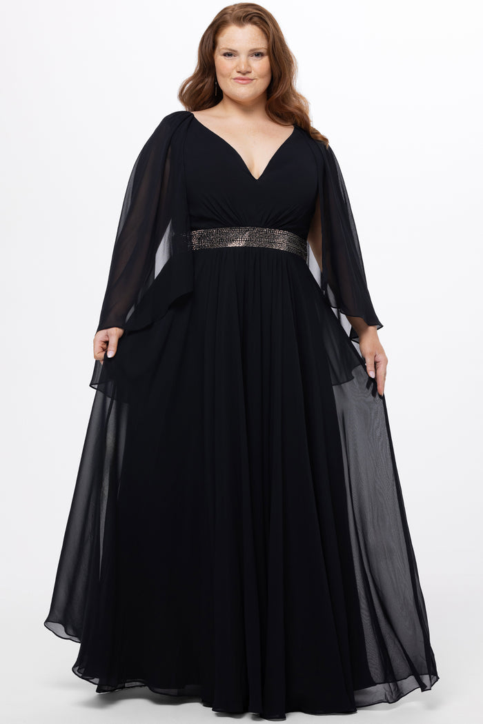 elebration's by Sydney's Closet style CE2617 in black. 

A-line plus size chiffon gown with V-neck, long cape sleeves and beaded 3 inch waistband. No slit, center back zipper and high scoop back.