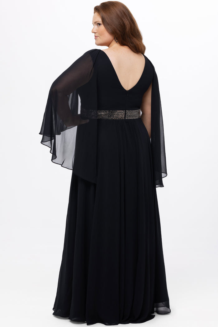 elebration's by Sydney's Closet style CE2617 in black. 

A-line plus size chiffon gown with V-neck, long cape sleeves and beaded 3 inch waistband. No slit, center back zipper and high scoop back.