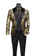 Modern Fit Black and Gold Jacquard 3-Piece Suit with Bow Tie-Aurelius Collection - Upscale Men's Fashion