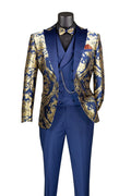 Modern Fit Blue and Gold Jacquard 3-Piece Suit with Bow Tie-Aurelius Collection - Upscale Men's Fashion
