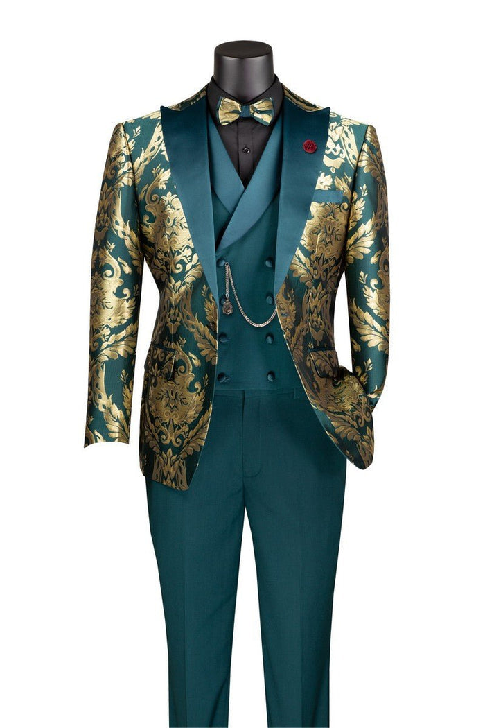 Modern Fit Emerald and Gold Jacquard 3-Piece Suit with Bow Tie-Aurelius Collection - Upscale Men's Fashion