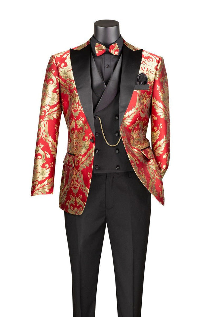 Modern Fit Red and Gold Jacquard 3-Piece Suit with Bow Tie-Aurelius Collection - Upscale Men's Fashion