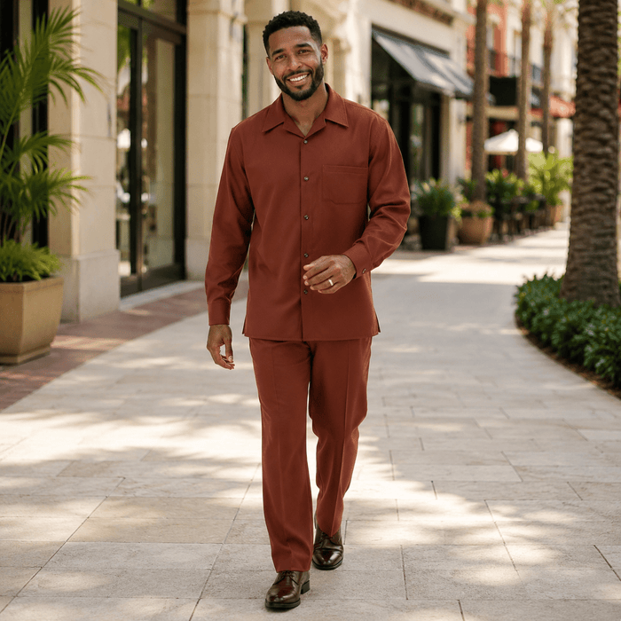 Montique Men's 2 Piece Long Sleeve Walking Suit Solid Cognac - Upscale Men's Fashion
