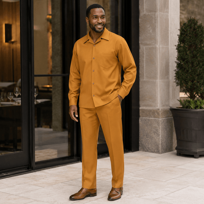 Montique Men's 2 Piece Long Sleeve Walking Suit Solid Gold - Upscale Men's Fashion