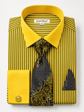 Mustard Black Bold Stripe Dress Shirt Set with Tie, Pocket Square & Cuff Links - Upscale Men's Fashion
