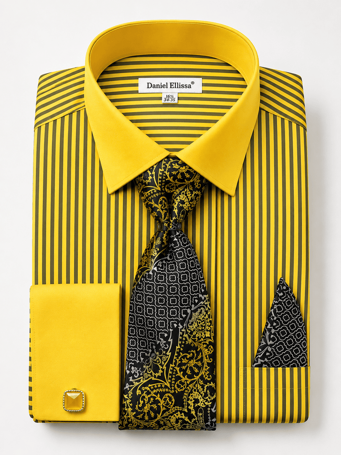 Mustard Black Bold Stripe Dress Shirt Set with Tie, Pocket Square & Cuff Links - Upscale Men's Fashion