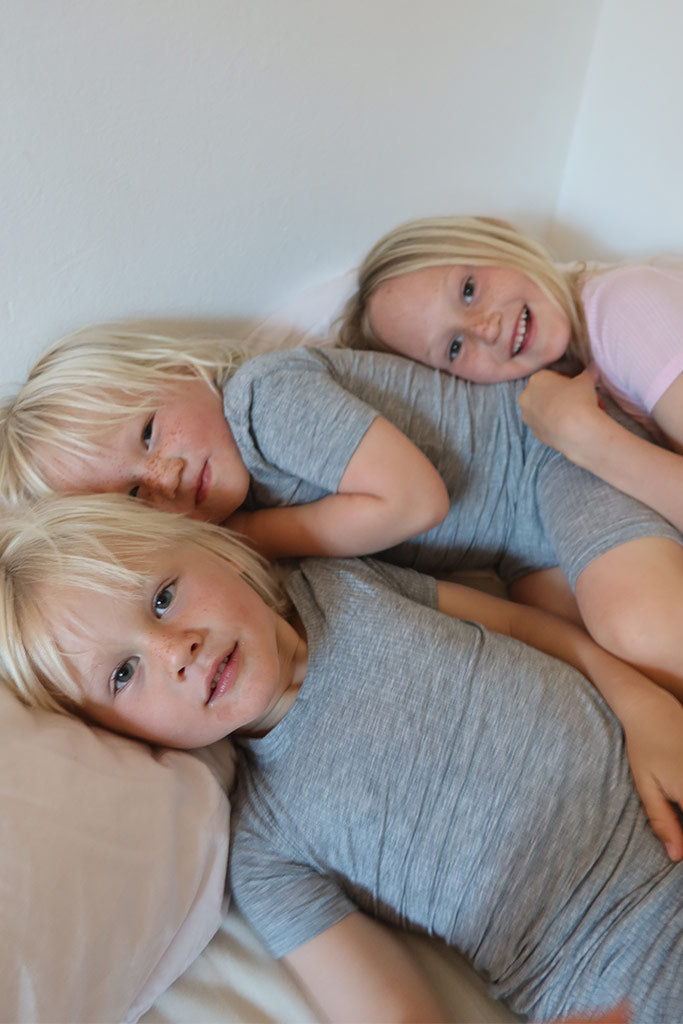 Heather grey mini tee and short set, short-sleeve knit top and matching shorts