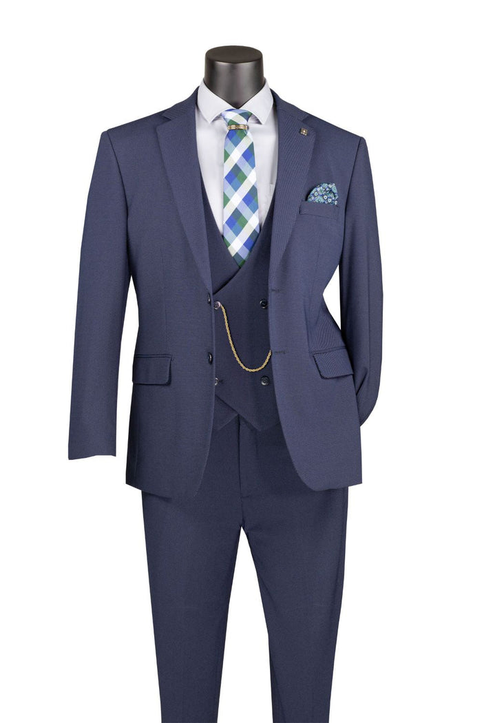 Navy Modern Fit 3-Piece Bird’s-Eye Weave Stretch Suit – Livorno Collection - Upscale Men's Fashion