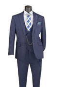 Navy Modern Fit 3-Piece Bird’s-Eye Weave Stretch Suit – Livorno Collection - Upscale Men's Fashion