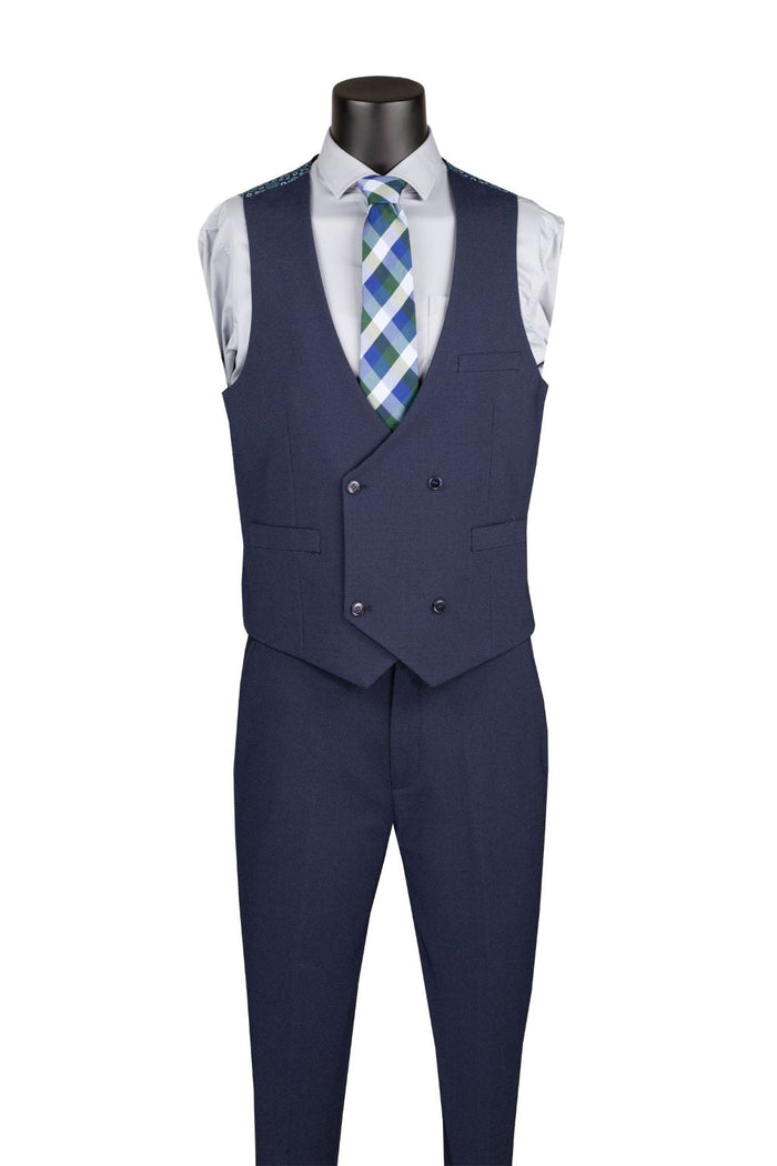 Navy Modern Fit 3-Piece Bird’s-Eye Weave Stretch Suit – Livorno Collection - Upscale Men's Fashion