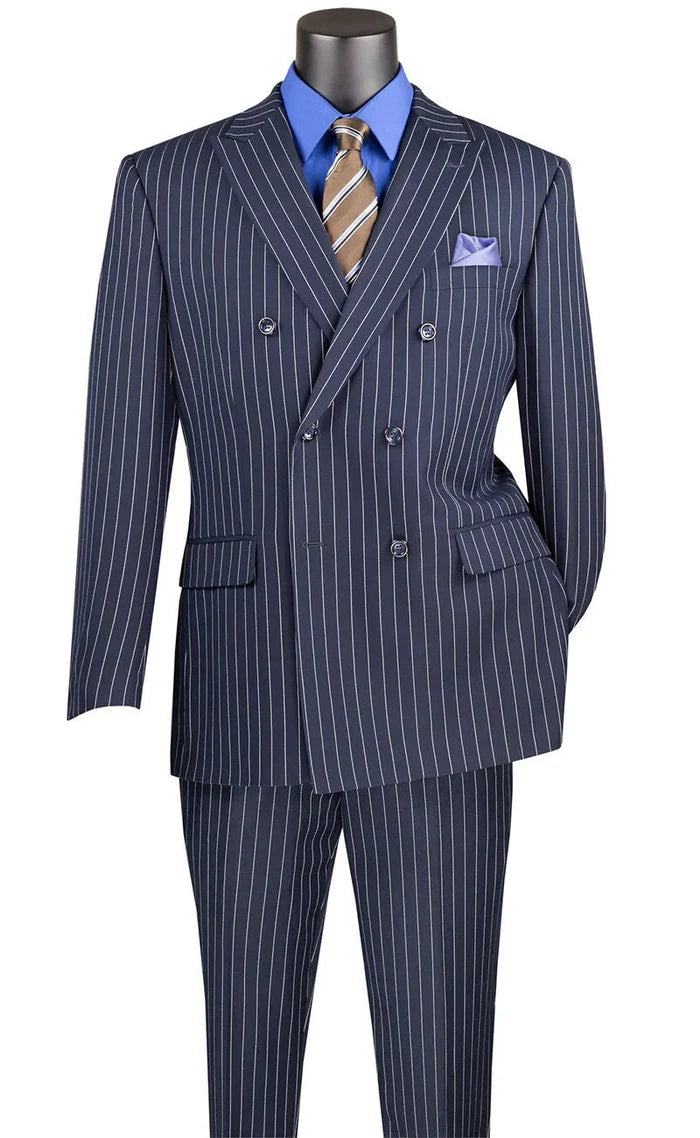 Navy Pinstripe Regular Fit Double-Breasted Suit – Banker Collection - Upscale Men's Fashion