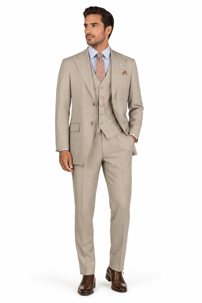 Oatmeal Textured Regular Fit 3-Piece Suit – Bellavere Collection - Upscale Men's Fashion