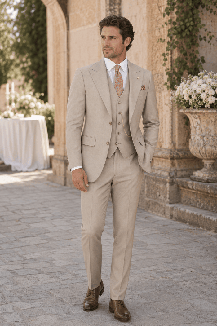 Oatmeal Textured Regular Fit 3-Piece Suit – Bellavere Collection - Upscale Men's Fashion
