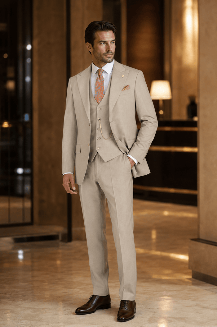 Oatmeal Textured Regular Fit 3-Piece Suit – Bellavere Collection - Upscale Men's Fashion