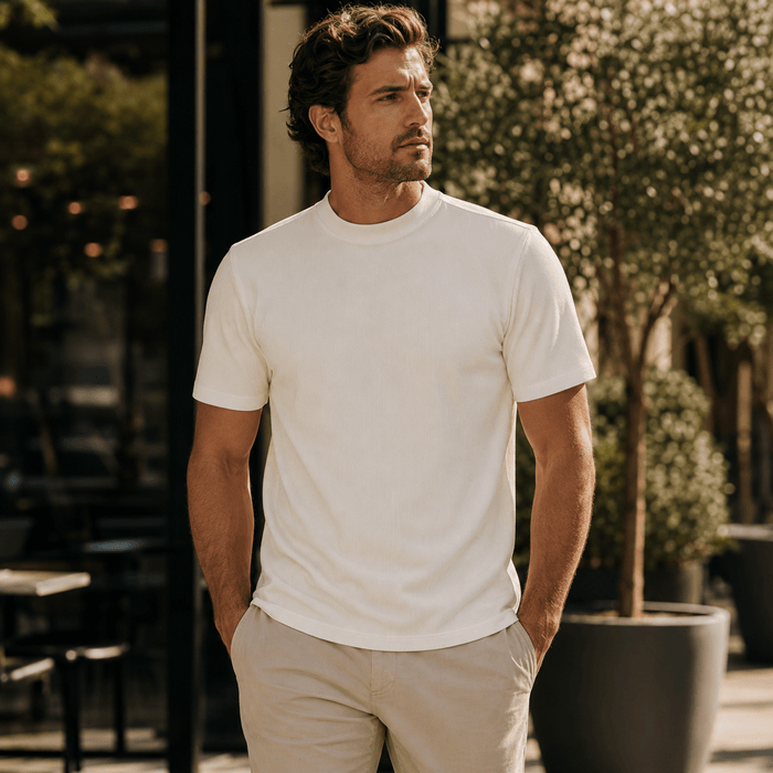 Off White Ribbed Regular Fit Crew Neck T-Shirt - Upscale Men's Fashion