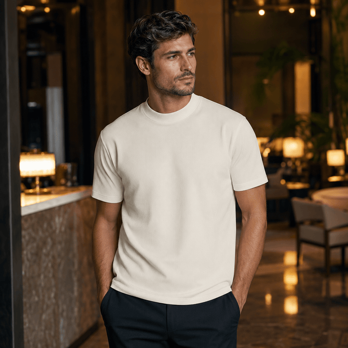 Off White Ribbed Regular Fit Crew Neck T-Shirt - Upscale Men's Fashion