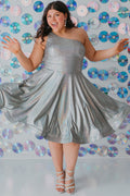SC8119 plus size metallic one-shoulder short homecoming dress with A-line skirt and pockets.
