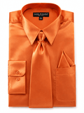 Orange Satin Dress Shirt Set with Matching Tie & Pocket Square - Upscale Men's Fashion