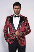 Peak Lapel Slim Fit Gold Patterned Burgundy Men Party Blazer - Wessi - Upscale Men's Fashion