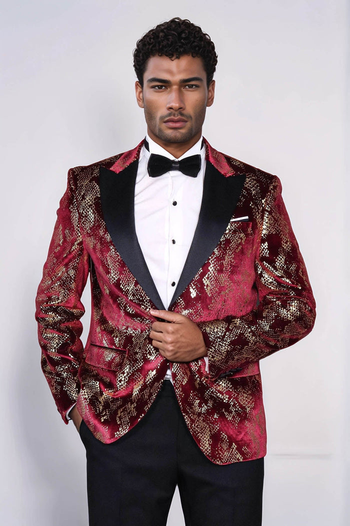 Peak Lapel Slim Fit Gold Patterned Burgundy Men Party Blazer - Wessi - Upscale Men's Fashion