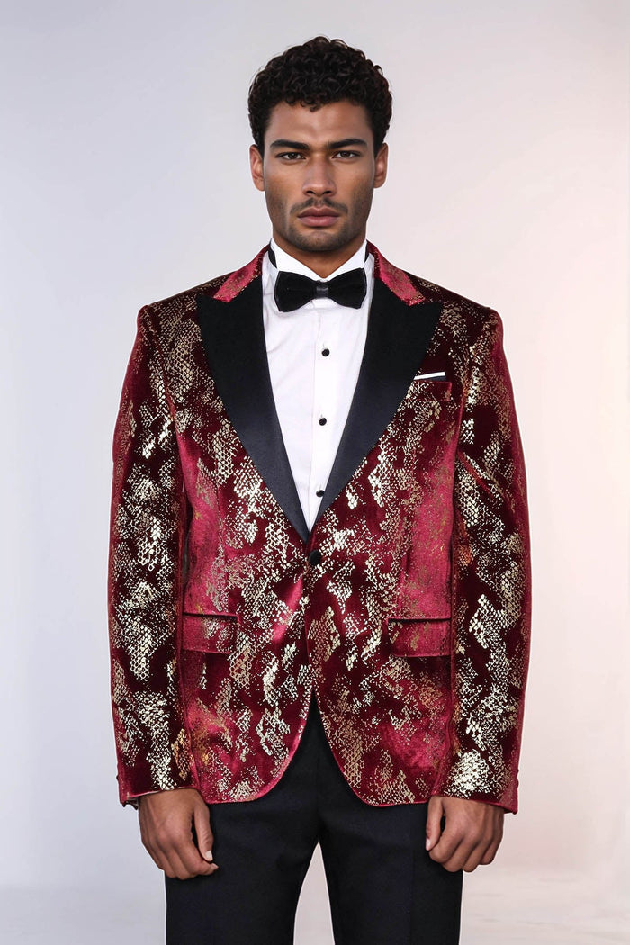 Peak Lapel Slim Fit Gold Patterned Burgundy Men Party Blazer - Wessi - Upscale Men's Fashion