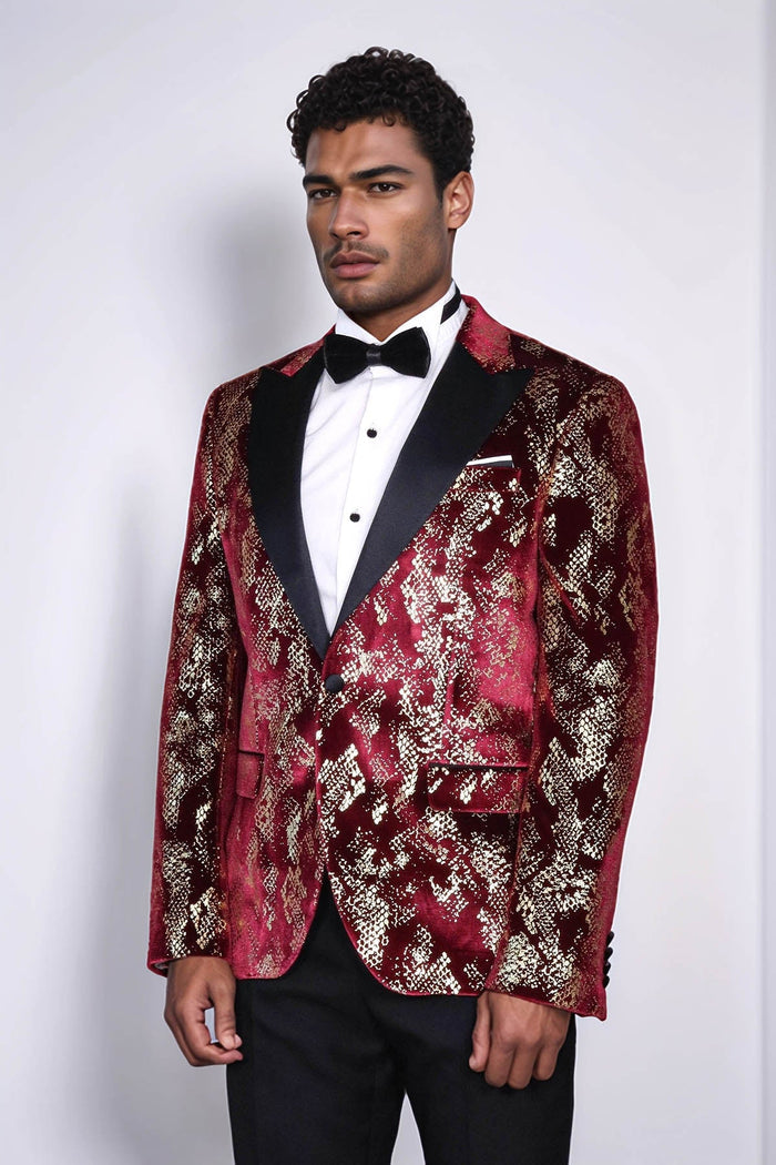 Peak Lapel Slim Fit Gold Patterned Burgundy Men Party Blazer - Wessi - Upscale Men's Fashion